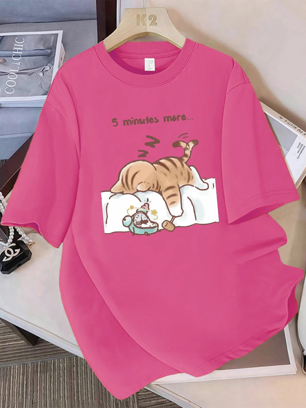 Women T-Shirt Cotton Summer The Cat That Always Wants To Sleep Pattern Prints T Shirt O-Neck Soft Loose Tops Basic Woman Clothes