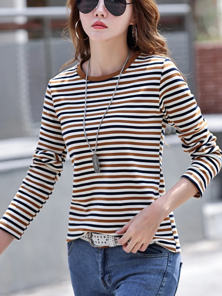 High Quality T Shirt For Women Korean Fashion Clothes Autumn Cotton Stripe Tee Shirt Femme O Neck Tops Woman Long Sleeve Tshirts