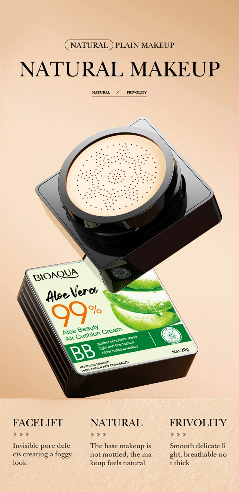 BIOAOUA Aloe Vera Beauty Air Cushion BB Cream Concealer Oil Control Brighten Skin Tone Isolation Foundation Cream Facial Makeup