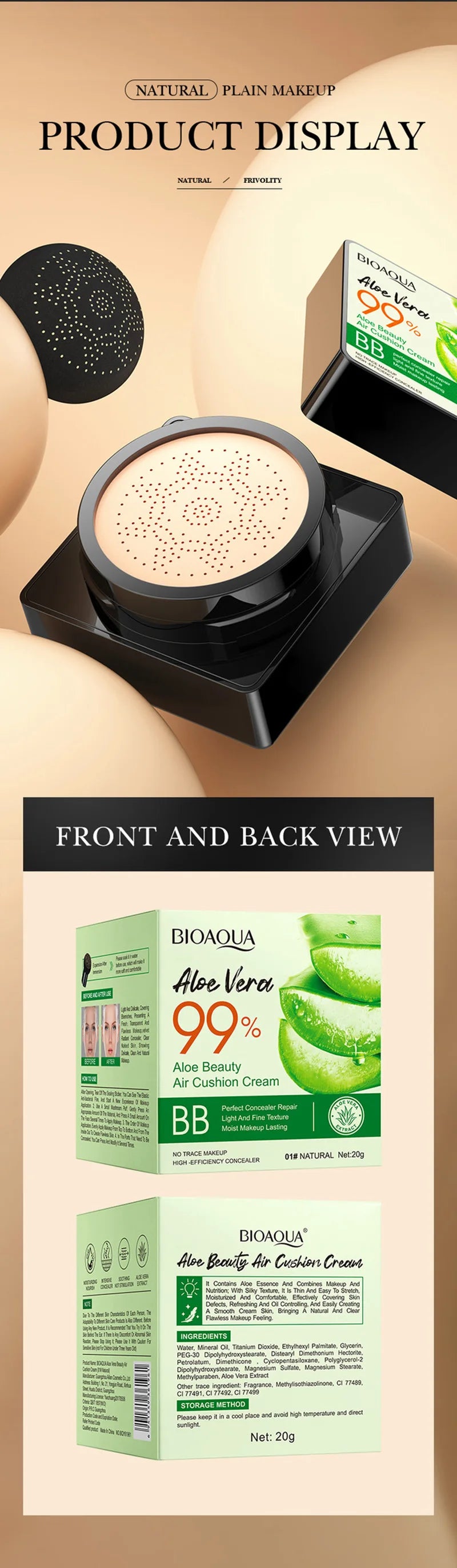 BIOAOUA Aloe Vera Beauty Air Cushion BB Cream Concealer Oil Control Brighten Skin Tone Isolation Foundation Cream Facial Makeup