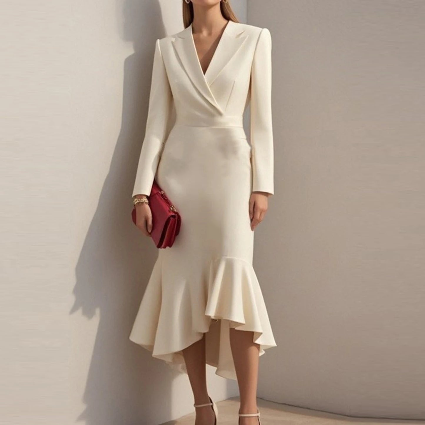 Women'S Fashionable Evening Gown  Autumn Sexy Deep V Neck Long Sleeve Bodycon Dress Classic High Slit Evening Dress Mermaid