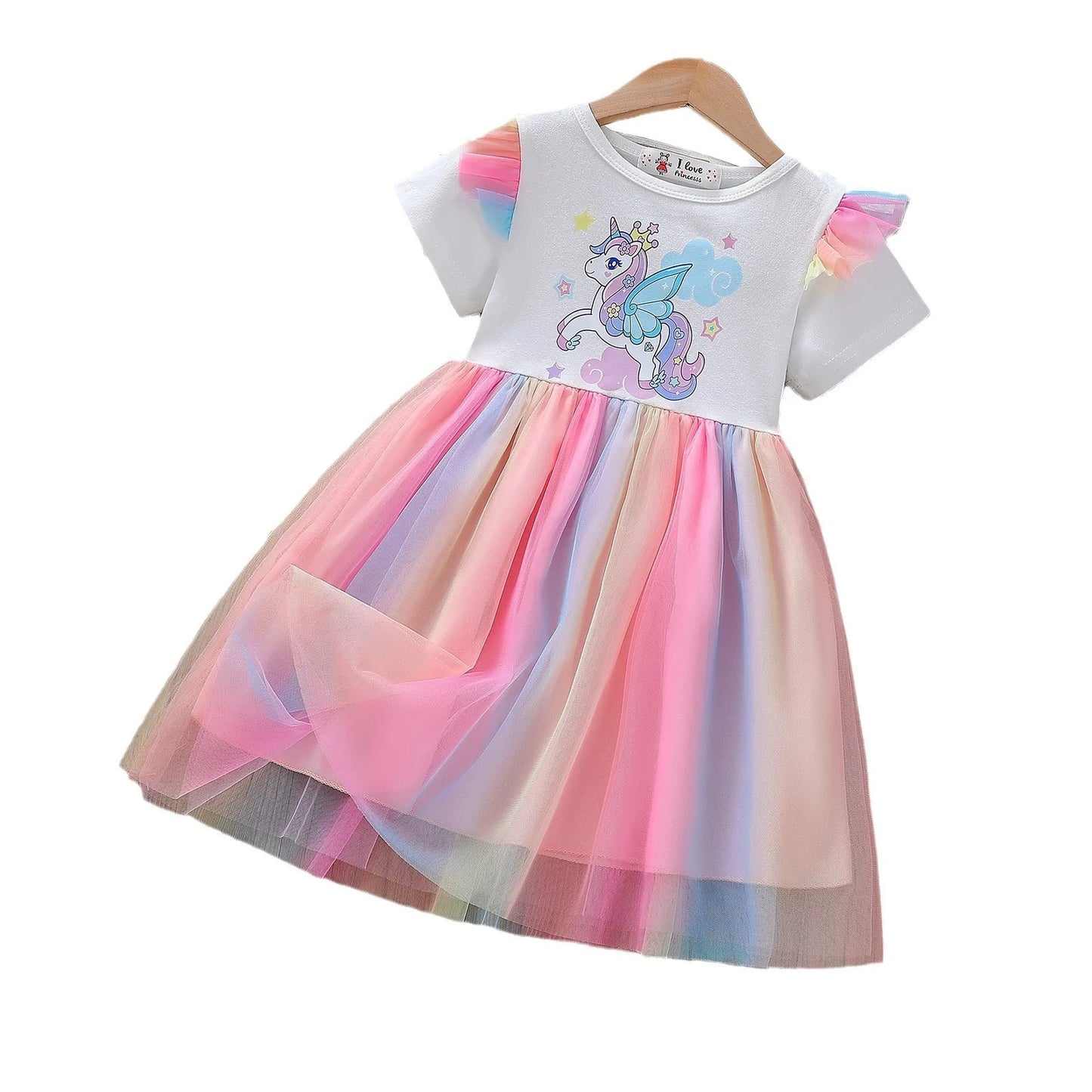 Unicorn Girls Dress 2025 New Kids Clothes Summer Short sleeve Princess Dresses Party Baby Dresses for Children Rainbow 2-8Y