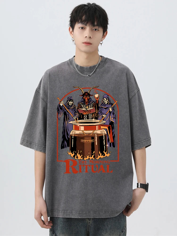The Morning Ritual Coffee Funny Washed Retro Men T Shirts Summer Cotton T-Shirts Breathable Loose Clothes Hip Hop Street Tees