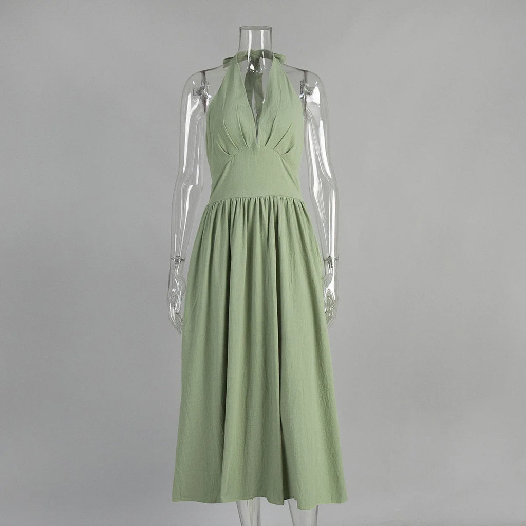 Talenza Spring V-Neck Long Dress Women White High Waist Slim Backless Lace-up Beach Holiday Dress Sleeveless Casual Female Dress