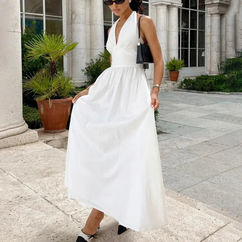 Talenza Spring V-Neck Long Dress Women White High Waist Slim Backless Lace-up Beach Holiday Dress Sleeveless Casual Female Dress