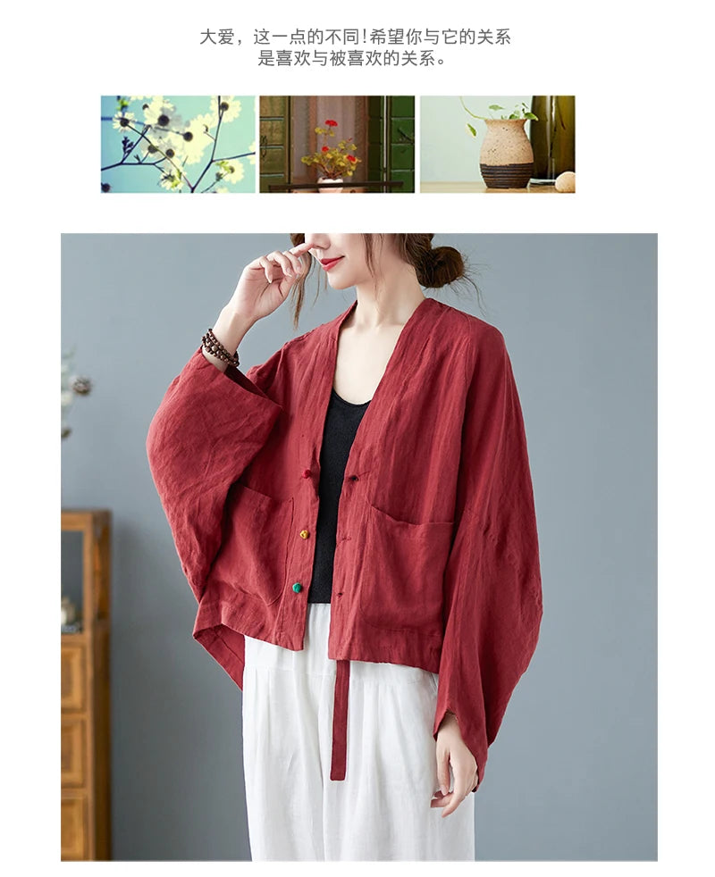 Women Long Sleeve Jackets New 2022 Autumn Vintage Style All-match Loose Comfortable Cotton Linen Female Casual Coats B2100