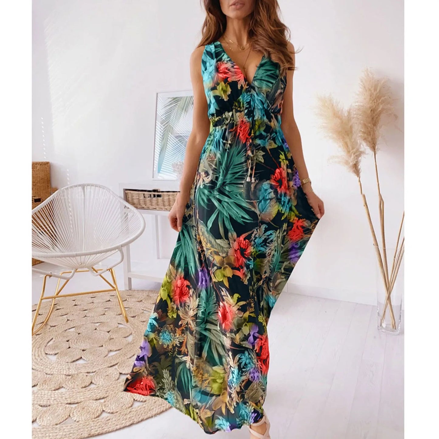 dresses for women Summer dress Casual Print Bandage Elastic Waist V-Neck Sleeveless sexy long Dresses vestidos verano moda 2024