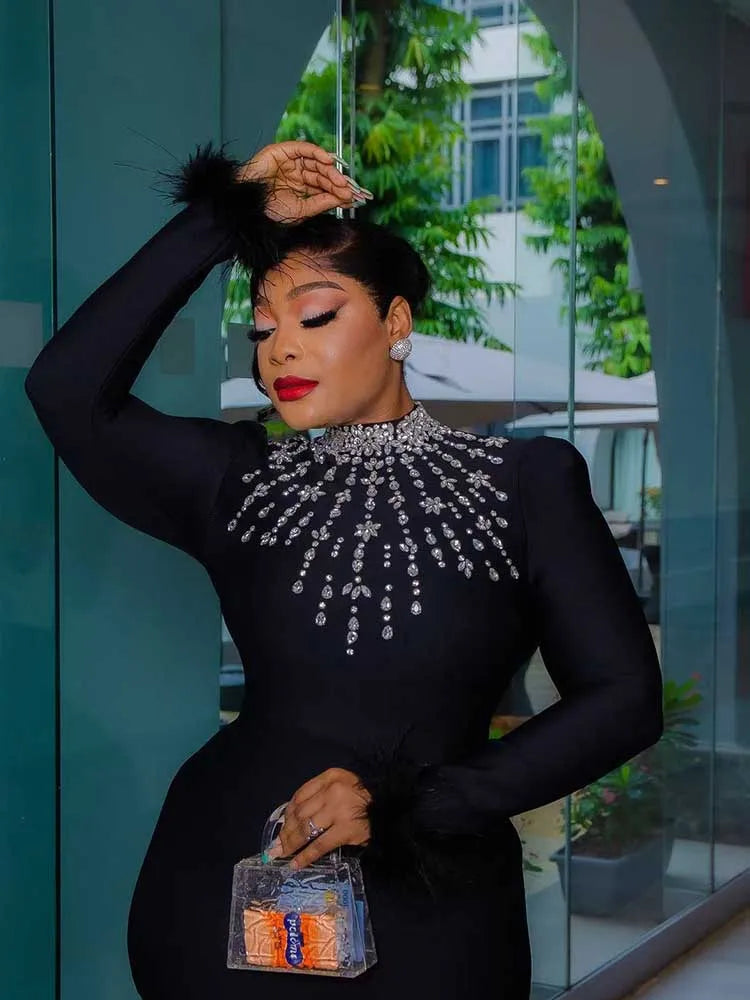 Elegant Black Evening Dresses for Women Autumn Clothes Dress  Round Collar with Diamonds Elegant Chic Bodycon Dress Long Sleeve