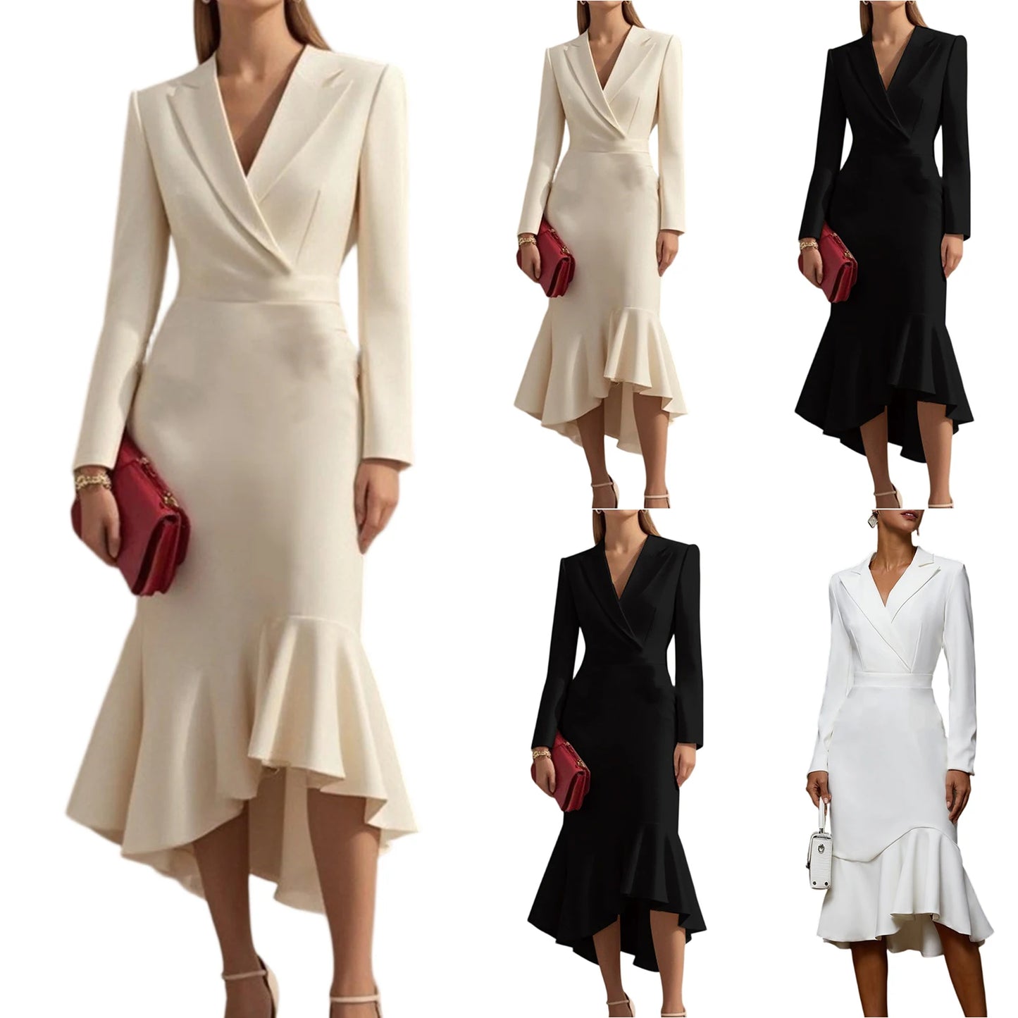 Women'S Fashionable Evening Gown  Autumn Sexy Deep V Neck Long Sleeve Bodycon Dress Classic High Slit Evening Dress Mermaid