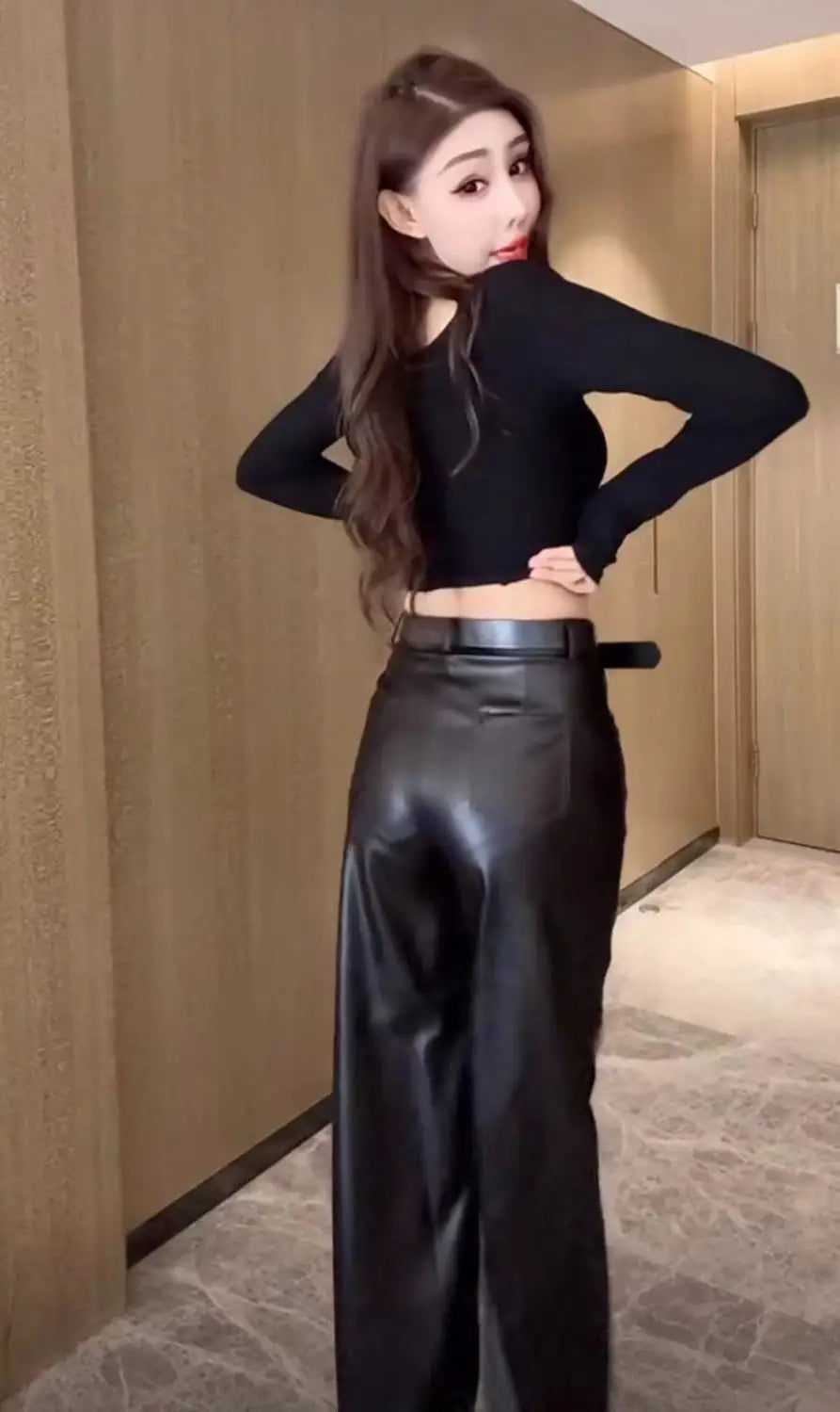 Womens Clothes Black PU leather Pants Women Casual Fashion Streetwear Gothic High Waist Flare leggings Trousers Womens Pants