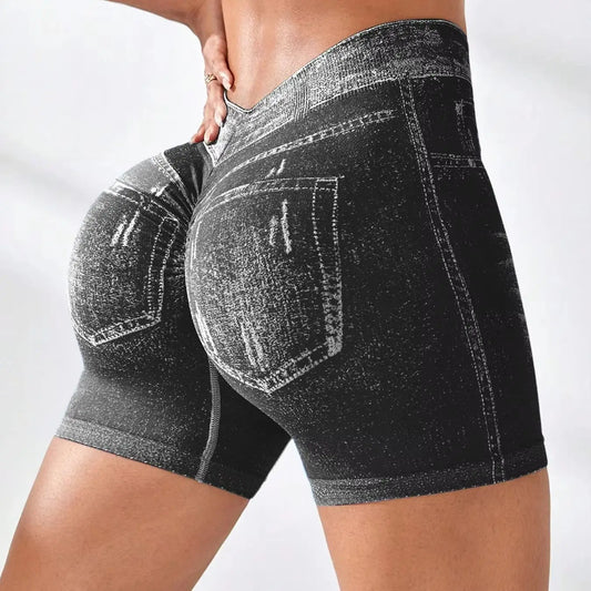 Women V back Shorts Faux Jeans Elastic Workout Sports Yoga Pants Butt Lifting Leggins Fitness Athletic Short Tights Seamless