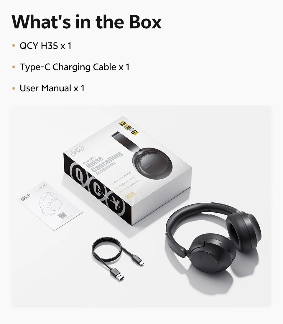QCY H3S Wireless Headphones Bluetooth 6.0 Noise Canceling -56dB Over Ear Earphone Hi-Res Spatial Audio Dual Driver Headset 102H
