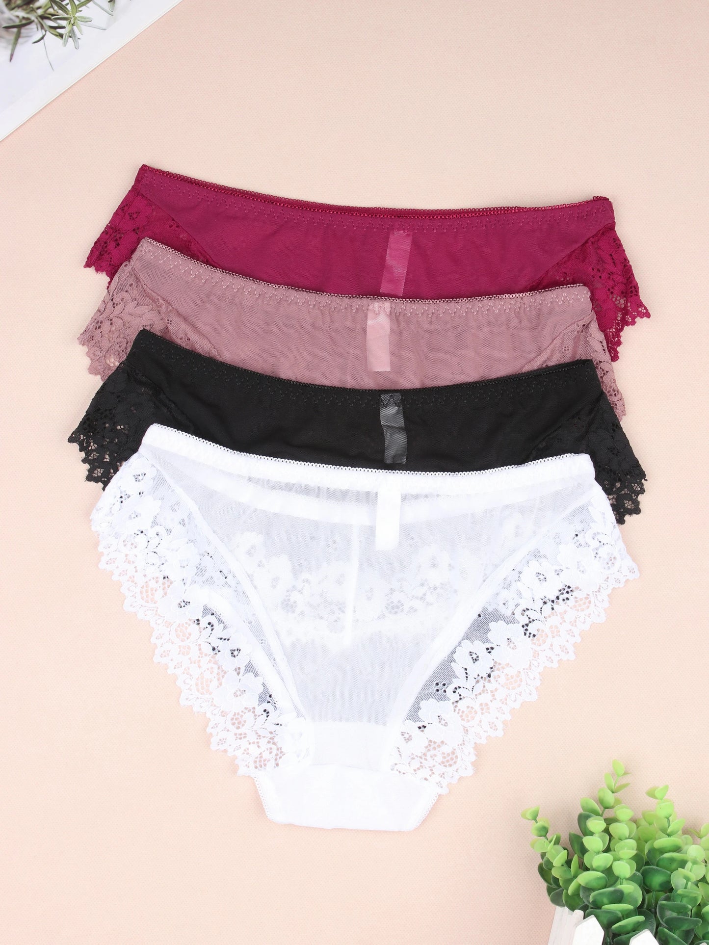 4 PCS Women Brazilian Panties Lace Sexy Girls Underwear Stretchy Solid Color Briefs Female Hollow Out Breathable Underpants