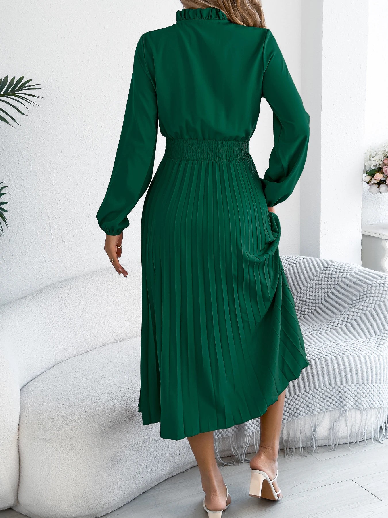 Elegant Dresses for Women 2025 Autumn Winter Casual Solid Color V Neck Lace Up Pleated Maxi Dress Red Khaki Green Woman Dresses