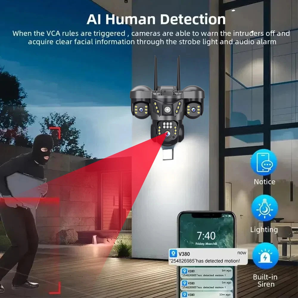 Home Surveillance Cameras 15MP 4GSim Card Triple Lenses Triple Screens 360 Video Monitor Night Vision Camera Security Protection