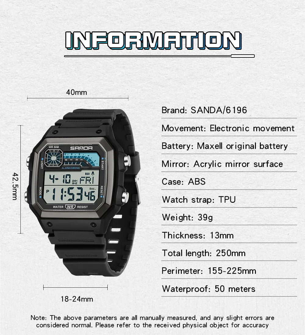 SANDA 6196 Electronic Watch Night Glow Waterproof Sports Men's Light and Thin Square Classic Male and Female Student Watch