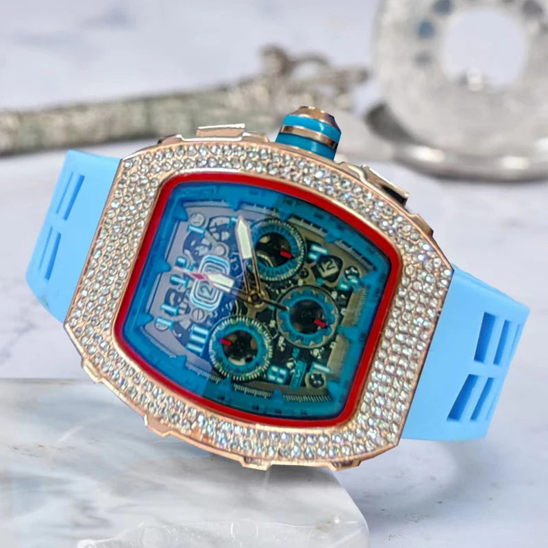 New Men's Hengbo Long European and American Hollow Star Diamond Fashion Barrel-Shaped Three-Eye Six-Hand Business Quartz Watch