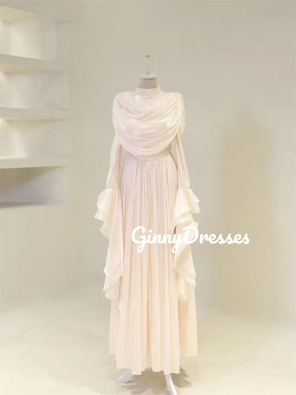 Women'S Evening Dresses Customize Scoop Neckline A-Line Formal Occasion Dresses Zipper Up Long Sleeves Ruffle Floor-Length Prom