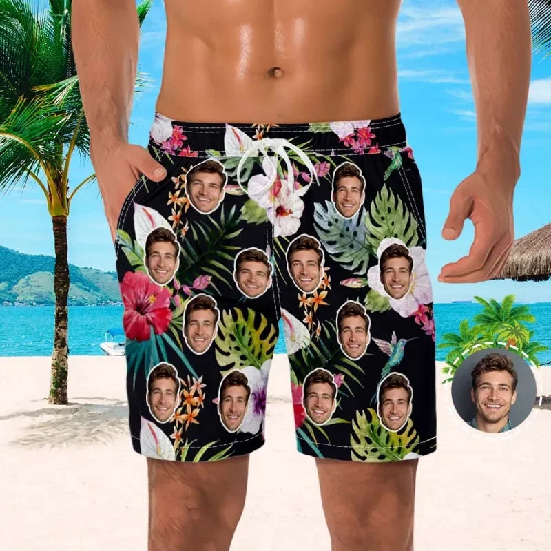 Custom Face Men Shorts Flowers Foliage Hawaii Beach Shorts 3D Printed Unisex Gym Sport Board Short Pants Ice Swim Trunks Ropa
