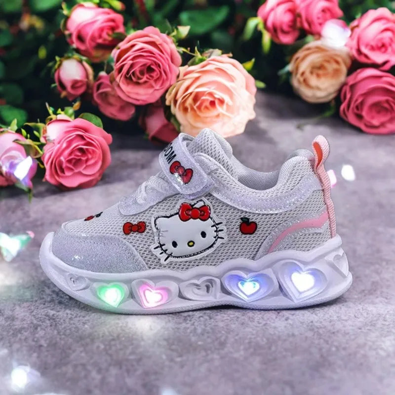 Kids'Casual Shoes Girls Led Light Cartoon PU Leather Fashion Sport Flat Bottom Shoes Breathable White Pink Size 21-30