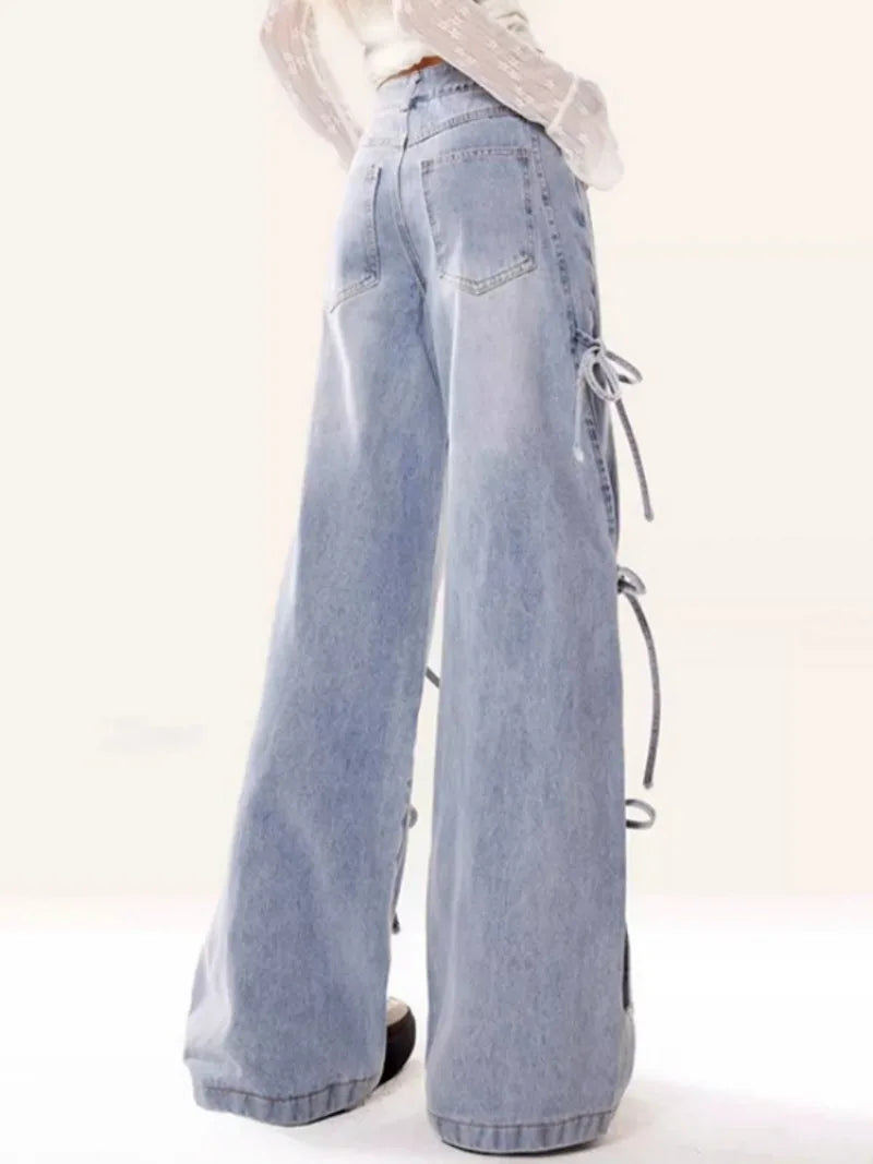 Jeans Women Vintage Bow Design Baggy Wide Leg Trousers Autumn High Waist Students Young All-match Daily Harajuku Slouchy Chic