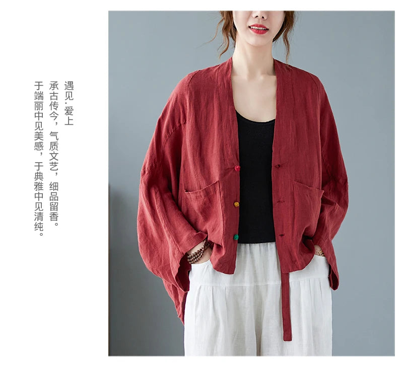Women Long Sleeve Jackets New 2022 Autumn Vintage Style All-match Loose Comfortable Cotton Linen Female Casual Coats B2100