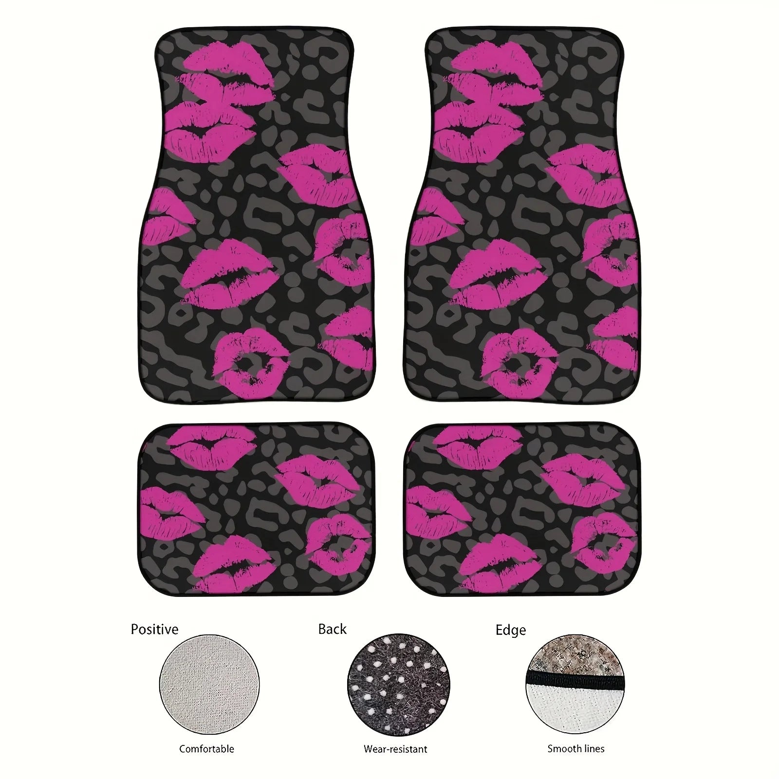 A Set of Four Car Mats Suitable for All Vehicle Types, Featuring Pink Lips And Leopard Print Designs,Women Interior Accessories.
