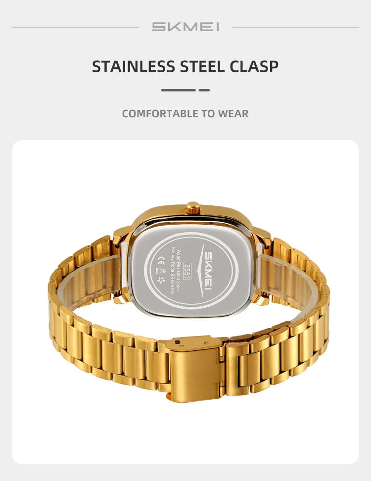 SKMEI Men's Quartz Watch Retro Square Zinc Alloy Case Gold Stainless Steel Band, 30M Water Resistance Time & Date Functions 2551