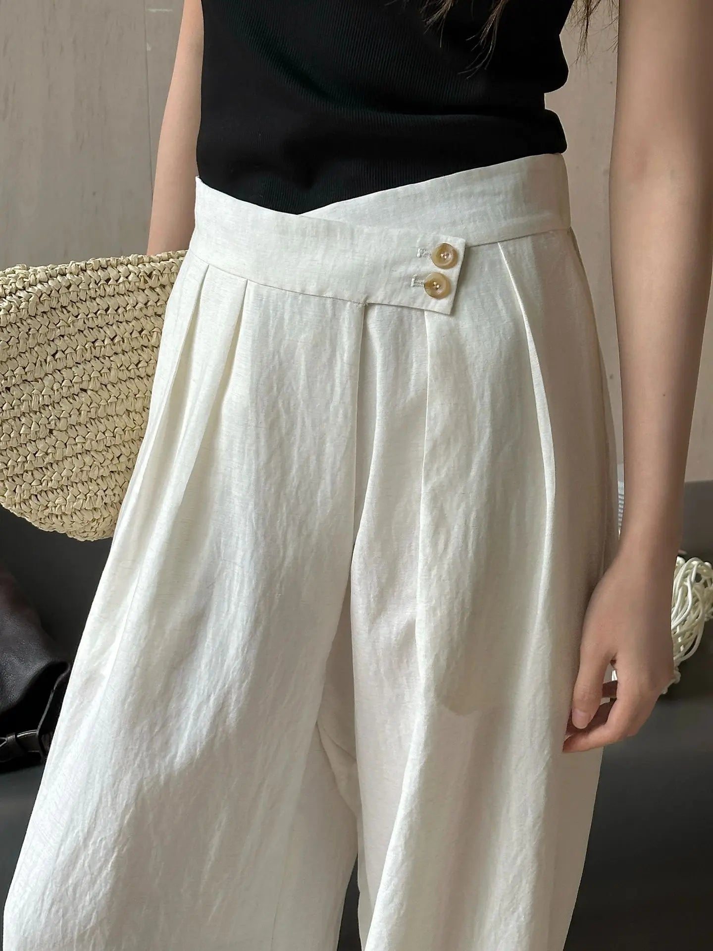Summer women's casual solid color high waisted loose wide leg pants