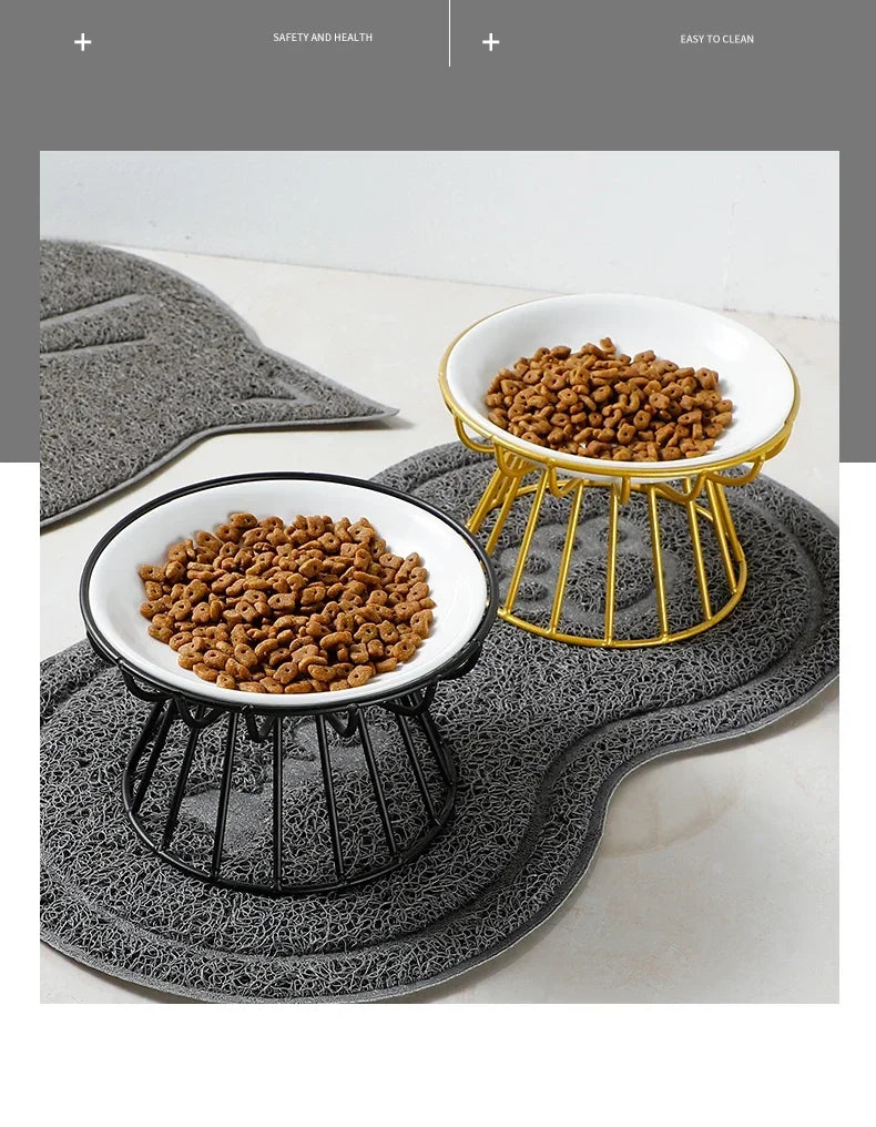 Ceramic Pet Bowl Cat Food Feeding Double Dish Stainless Steel Raised Stand Kitten Dog Water Feeder Durable Pet Accessories