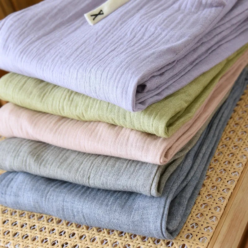 Summer Women Cotton Gauze Wide Leg Pants Casual Loose Elastic Waist Trousers with Pockets Solid Color Breathable Lounge Pants