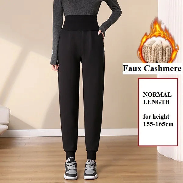 Women Pants Warm Winter Thick Lambskin Cashmere Pants High Waist Black Harem Long Trousers Wool Cold Resistant Pants PELEDRESSS