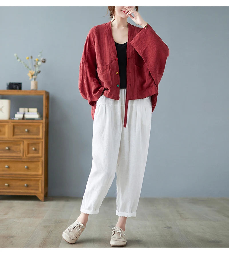 Women Long Sleeve Jackets New 2022 Autumn Vintage Style All-match Loose Comfortable Cotton Linen Female Casual Coats B2100