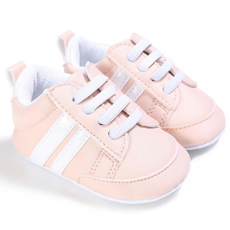 Baby Shoes Newborn Boys Sneaker Girls Two Striped First Walkers Kids Toddlers Lace Up PU Leather Soft Soles Sneakers 0-18 Months