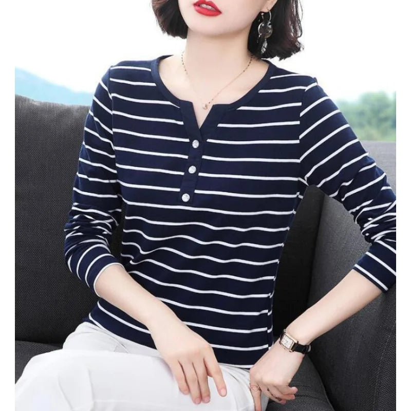 Cotton T-Shirt Women Long Sleeve Striped T Shirt Fashion 2025 Spring Autumn Female Clothes Top Tee Lady V-neck Tops 7215