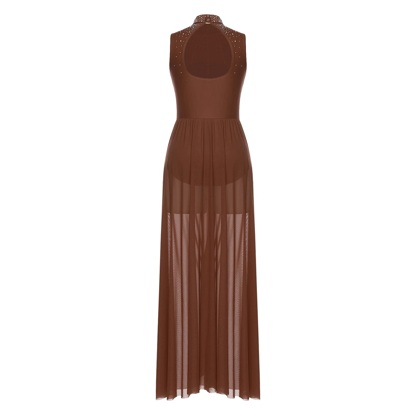 Womens Lyrical Dance Dresses Mock Neck Wide Hemline Shiny Rhinestones Maxi Dress Sleeveless Modern Contemporary Leotard Dresses