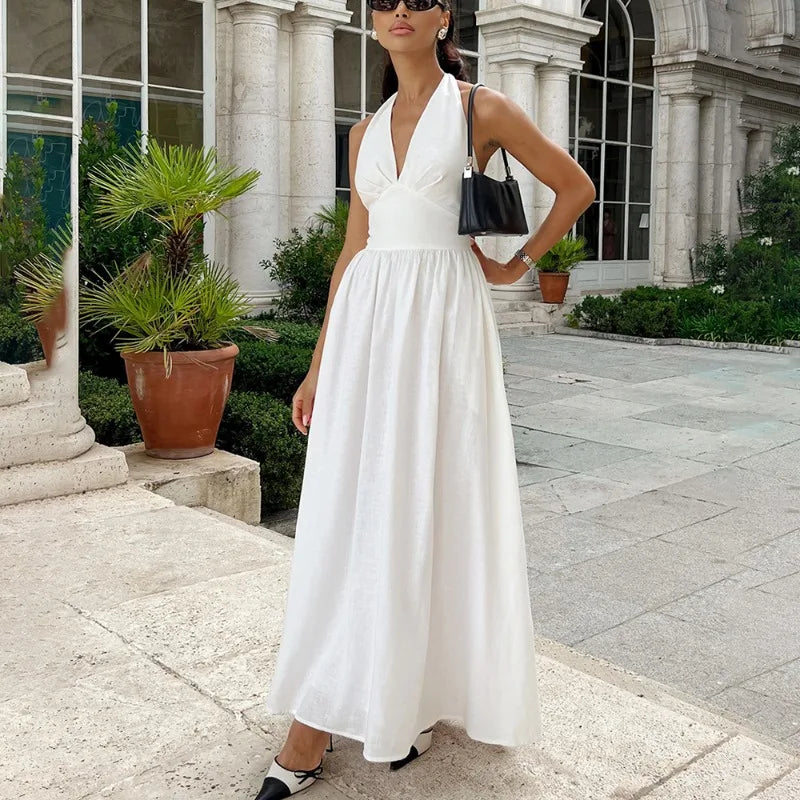 Talenza Spring V-Neck Long Dress Women White High Waist Slim Backless Lace-up Beach Holiday Dress Sleeveless Casual Female Dress