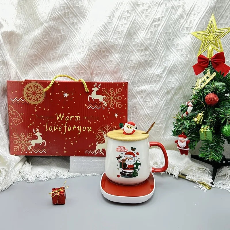 Christmas gift set: 55-degree warm ceramic cup with lid, Santa Claus mug, office coffee cup