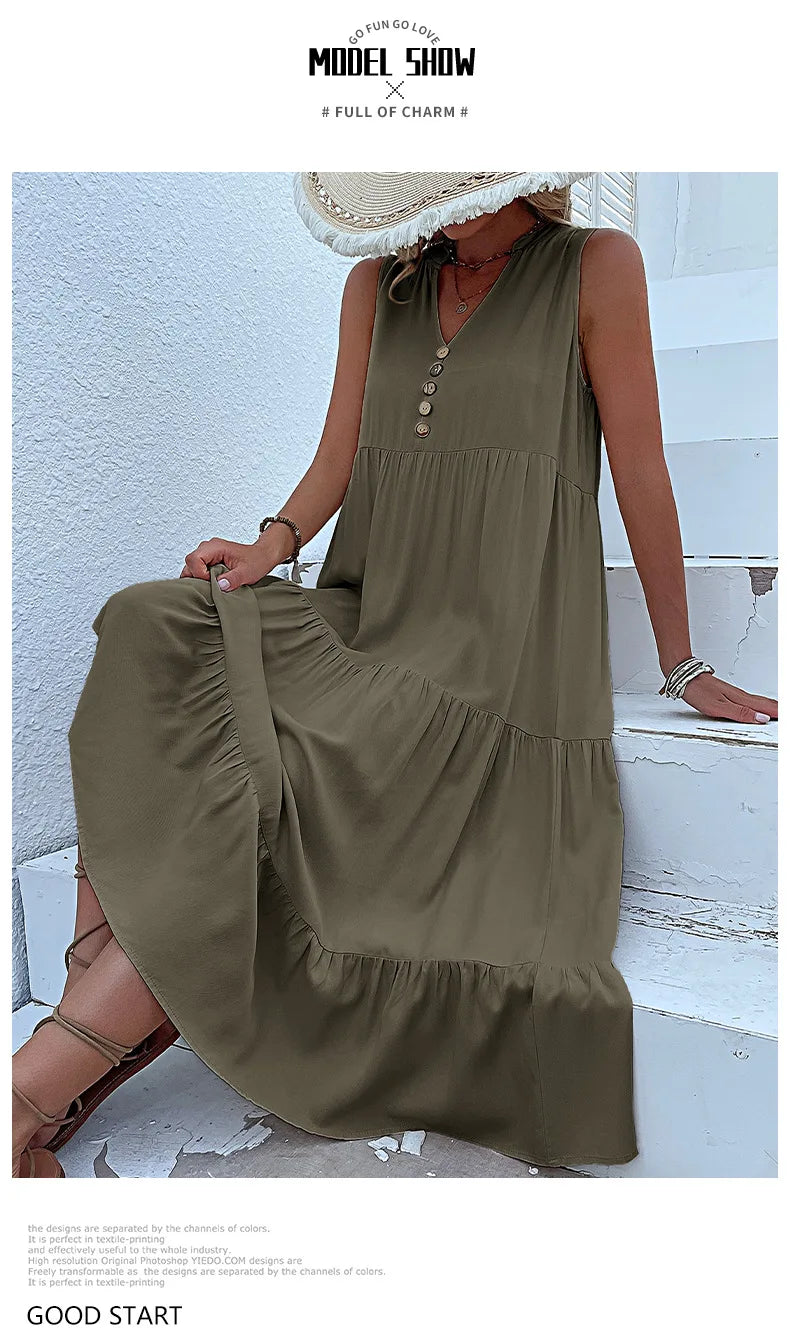 Dresses for Women 2025 Summer V-neck Single-breasted Vest Dress Sleeveless Loose Casual Solid Color Dress Vestidos De Mujer