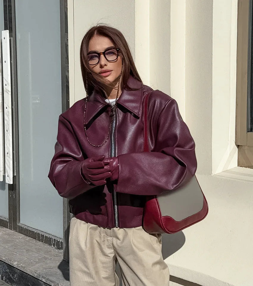 Womens Jacket Outerwears Cropped Faux Leather Jacket Autumn Long Sleeve Burgundy Bomber Jackets Casual Zipper Short Jacket
