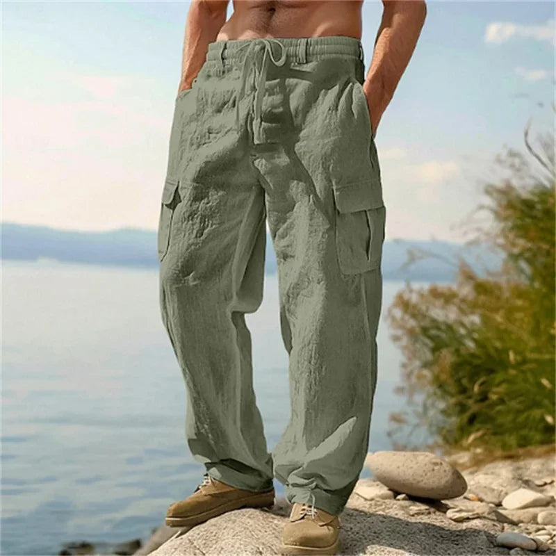 Men's Casual Trousers Loose Comfortable cargo pants Pants Man Cotton Linen multi-pocket Straight trousers Beach thin men Pants