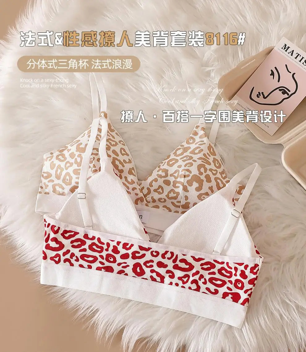 Women Seamless Bra Set Low Waist Panties Leopard Bralette Sexy Lingerie Set Vneck Sport Brassiere Female Cotton Underwear Set