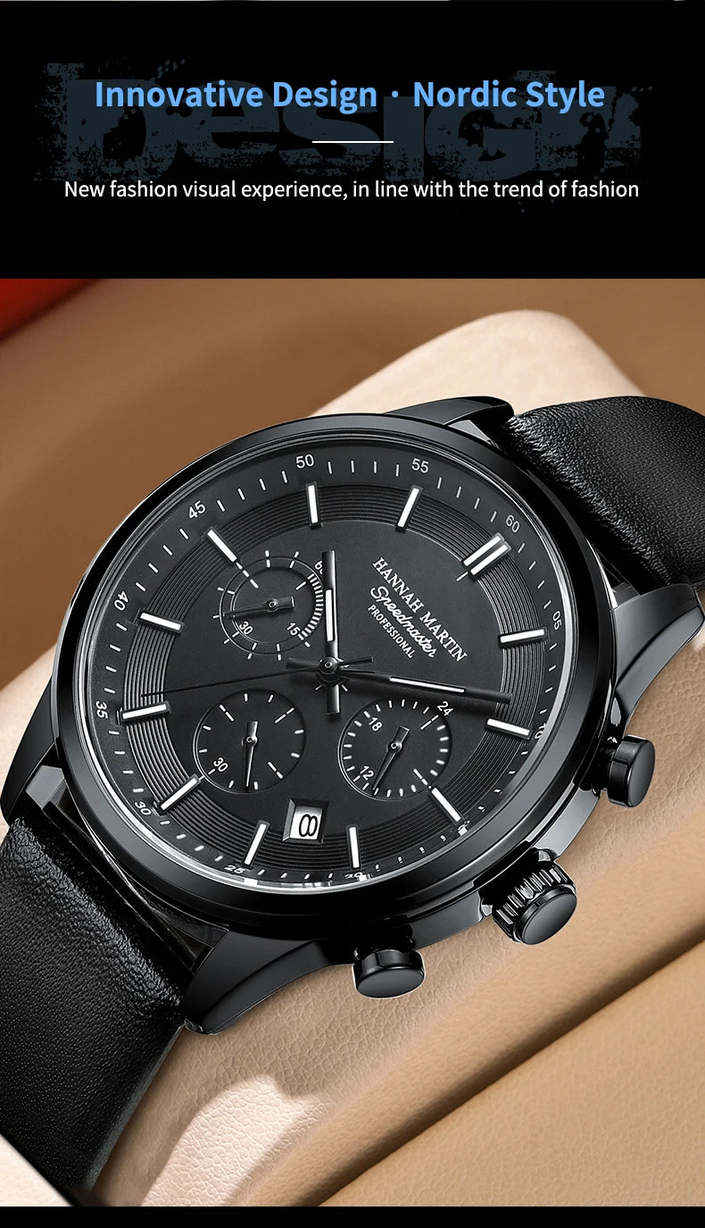 Hannah Martin Brand Men Watch Multifunctional Timing Dial Casual Sports Leather Original Quartz Movement Business Watch for Men