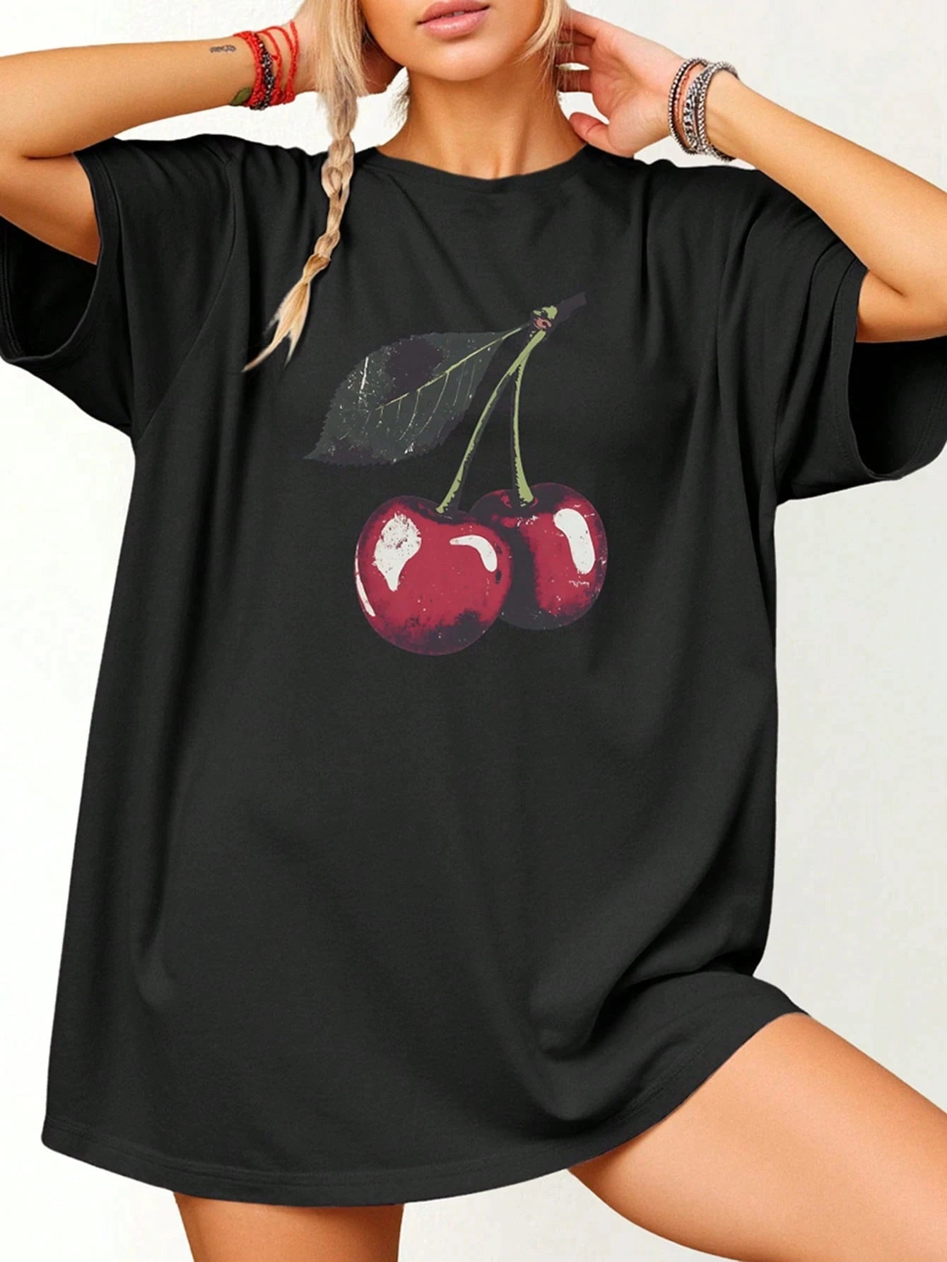 Women'S T-Shirt Black White Gray Cherry Print Cotton T-Shirt Round Neck Loose And Breathable Short Sleeved Simple Casual Top
