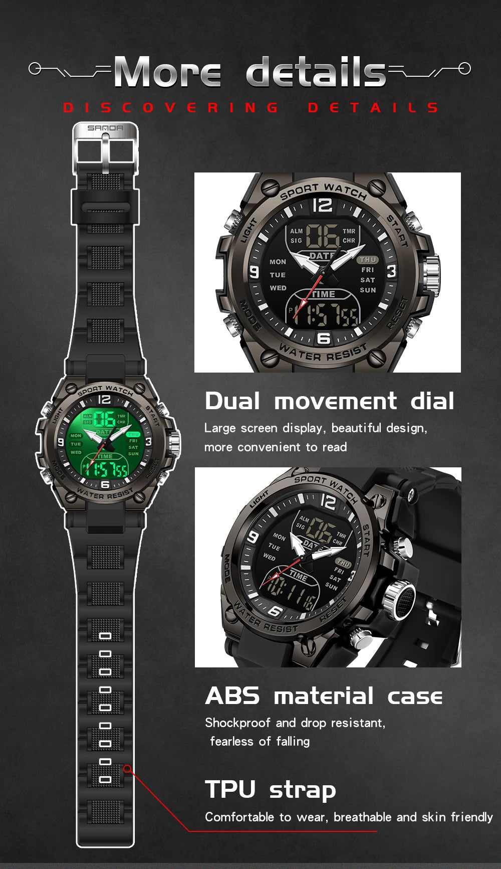 SANDA New Fashion Men Watch Multifunctional Outdoors Sports Waterproof Wristwatch LED Luminous Electronic Digital Men Watches