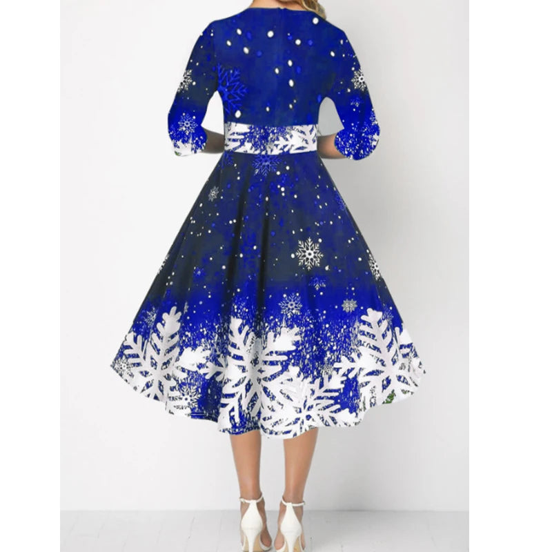Winter Christmas Dresses Women Vintage Robe Swing Elegant Half Sleeve Casual Print Party Dress