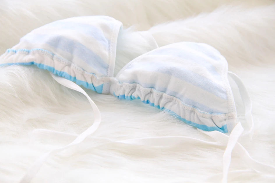 2PCS Women Bra Panties Set Sexy Lingeries Cotton Seamless Kawaii Bikini Lace-up Strap Blue White Striped Suit Female Underwear