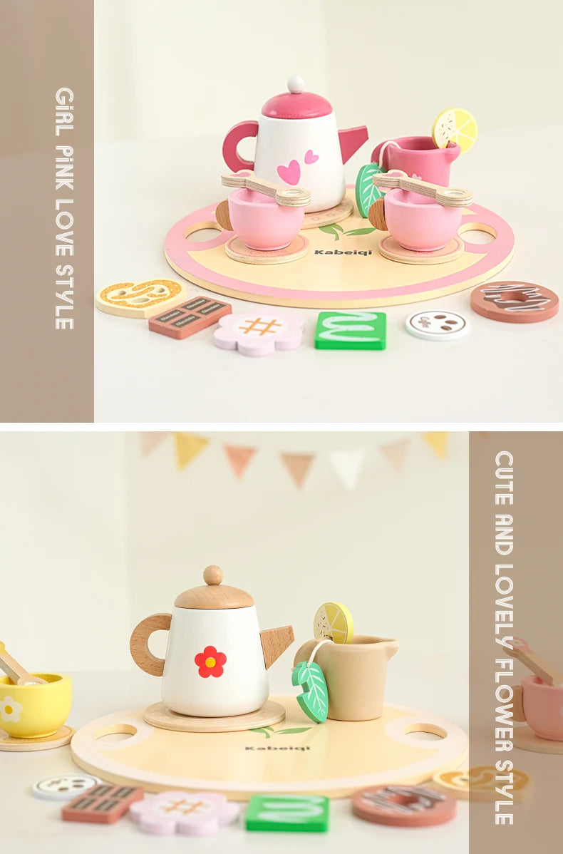 Wooden Kitchen Play Toys Kitchen Simulation Tea Set Afternoon Tea Activity Games Pretend Play Kitchen Accessories Toy for Kids
