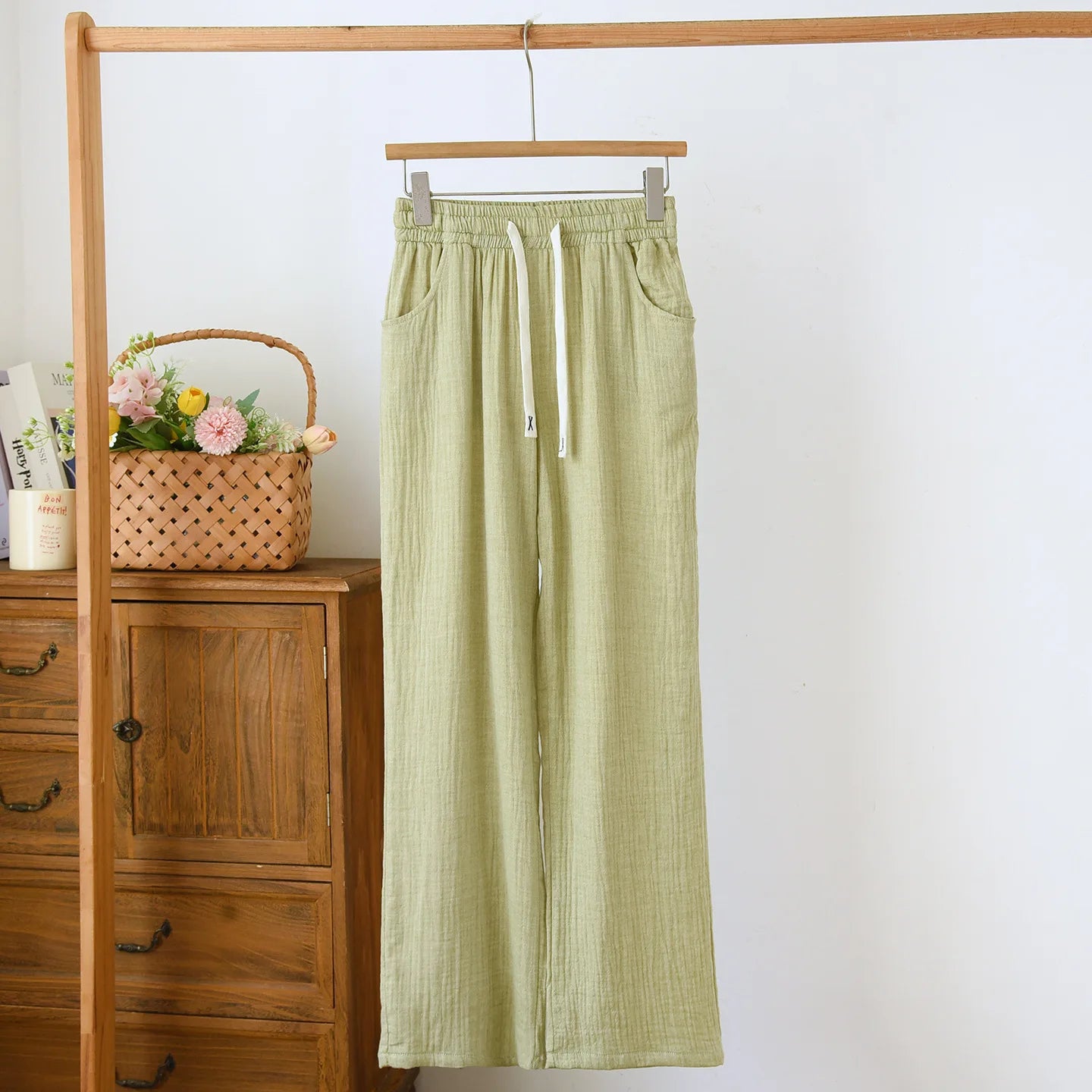 Summer Women Cotton Gauze Wide Leg Pants Casual Loose Elastic Waist Trousers with Pockets Solid Color Breathable Lounge Pants