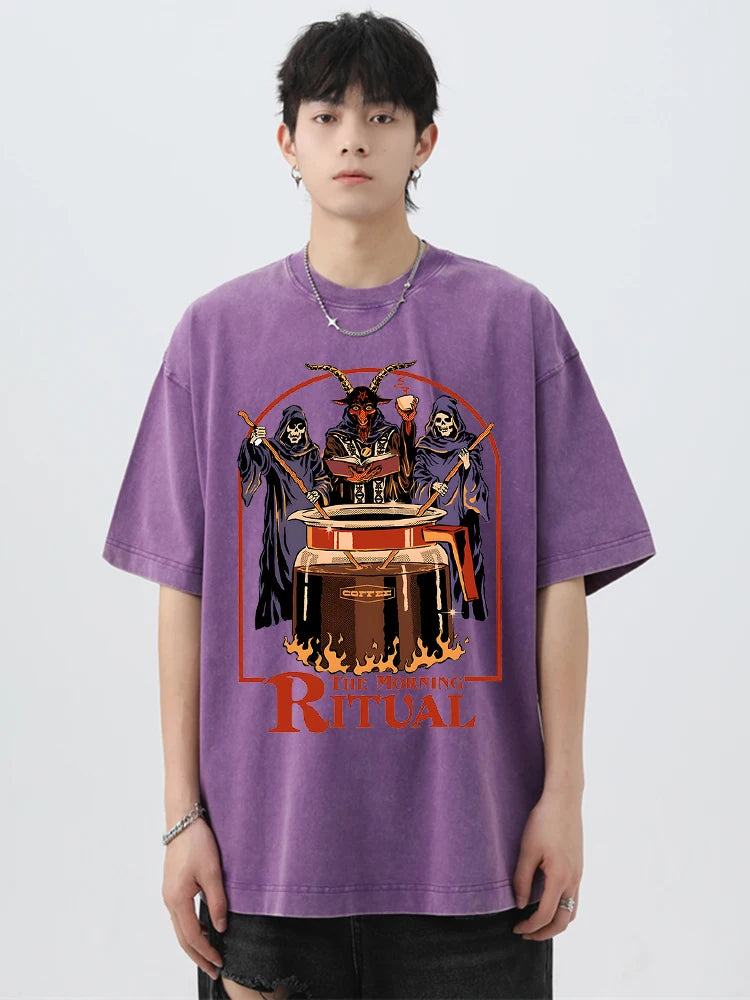 The Morning Ritual Coffee Funny Washed Retro Men T Shirts Summer Cotton T-Shirts Breathable Loose Clothes Hip Hop Street Tees